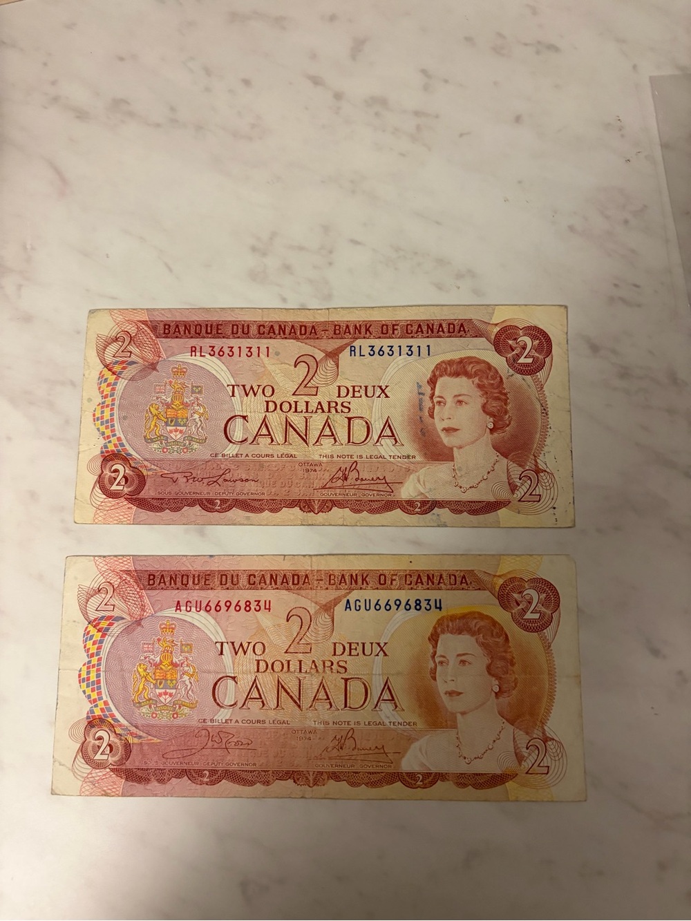 1974 pair Vintage Canada Two Dollar Bills